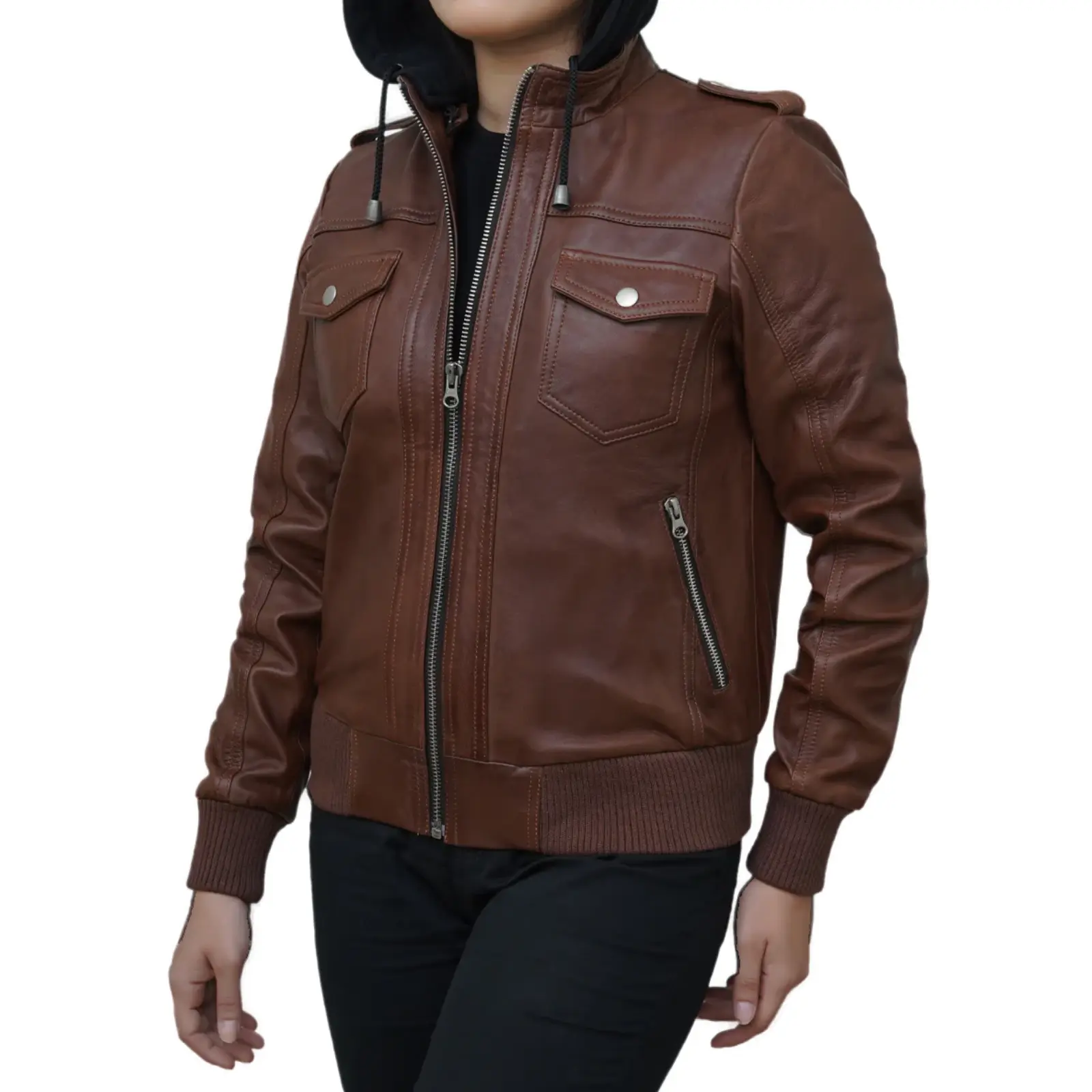 Brown Leather Hooded Bomber Jacket - Image 3
