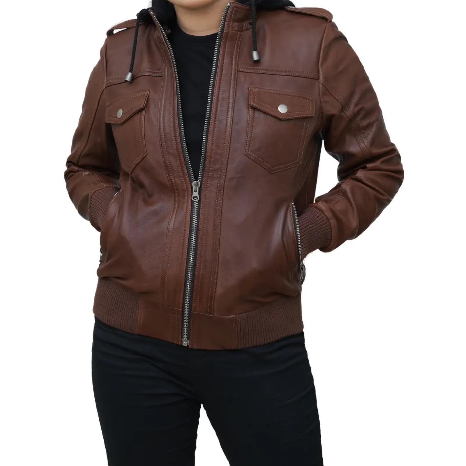 Brown Leather Hooded Bomber Jacket
